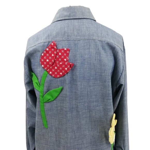 Vintage Applique Flower Chambray Button Front Shirt Size Mens Small Womens M/L - Picture 13 of 15
